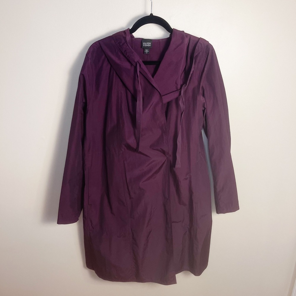 Eileen Fisher Coat Women M Purple Hooded Wrap Tie Back Cotton Nylon F9AK-1 - Picture 8 of 9